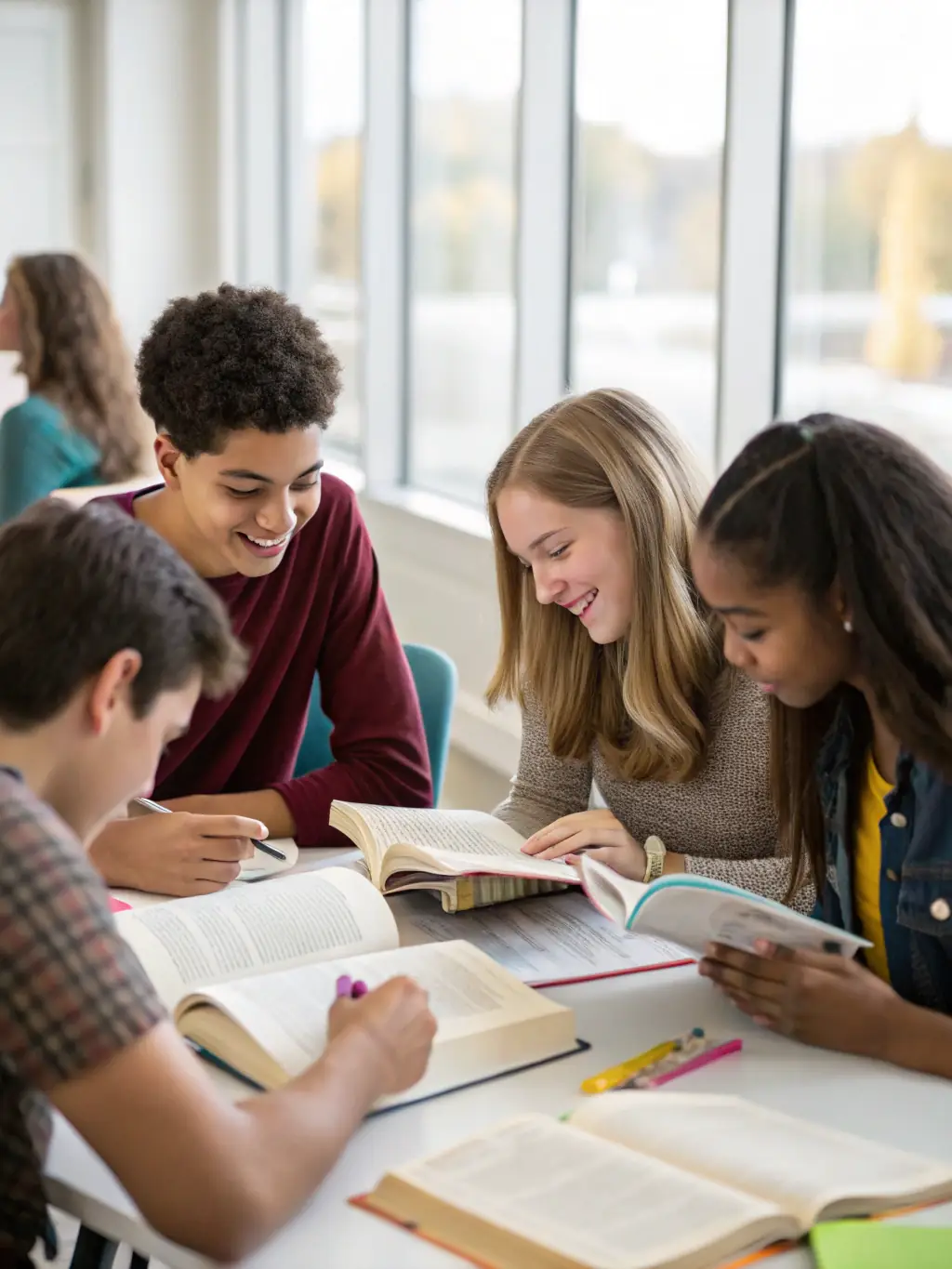 Teenagers working on a creative writing project during a workshop at ASS BIBLIOTHEQUE POUR TOUS, showcasing literary creativity.