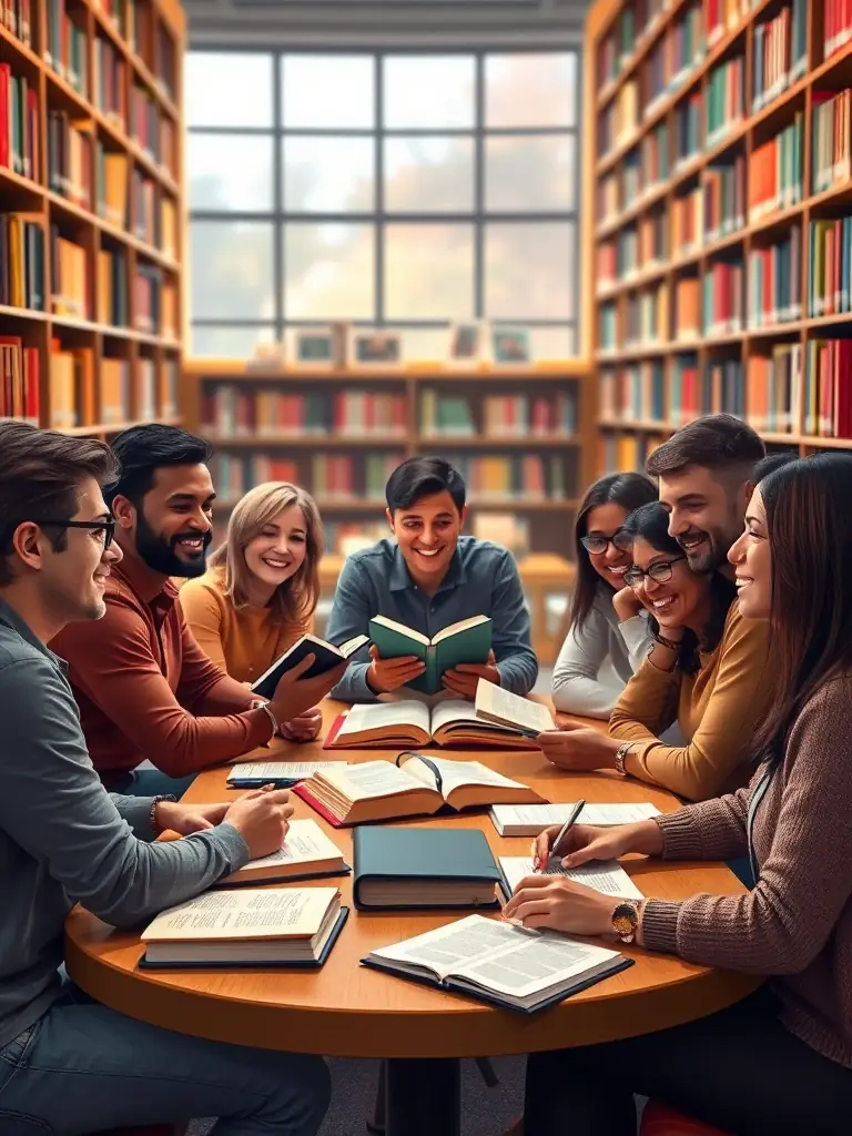 A diverse group of adults participating in a book discussion, sharing their thoughts and interpretations of a novel at ASS BIBLIOTHEQUE POUR TOUS.