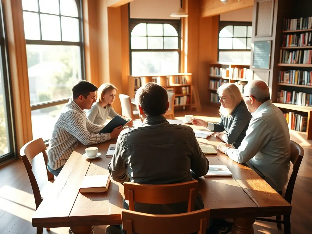 An image of teenagers participating in a book club discussion at the library, with books and refreshments on the table.
