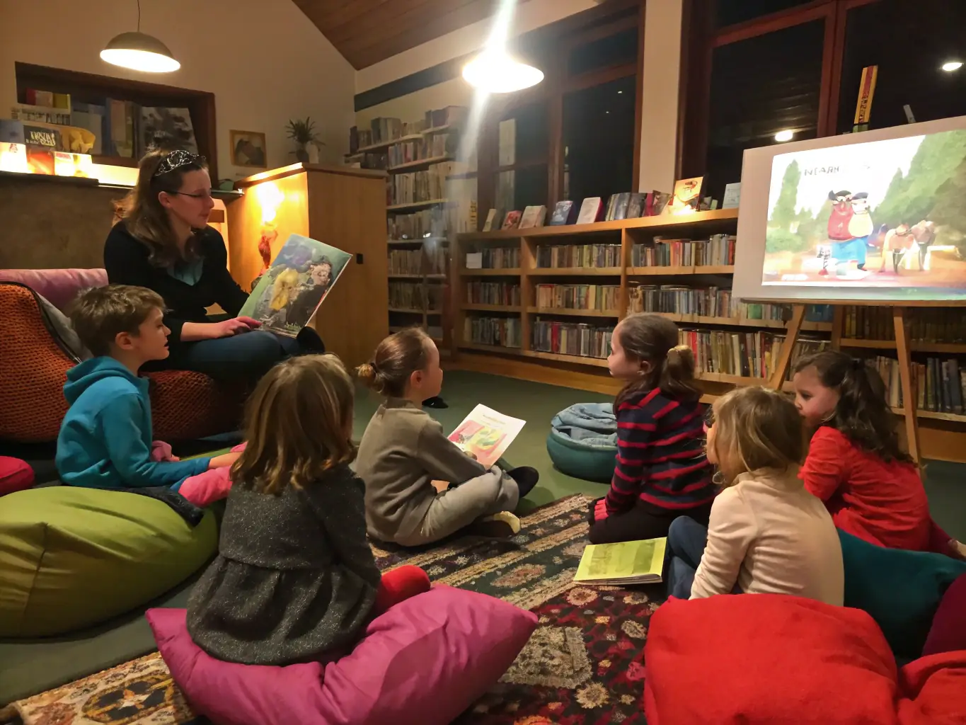 A vibrant image depicting children participating in a story time session at the library, with a librarian reading aloud from a colorful picture book.