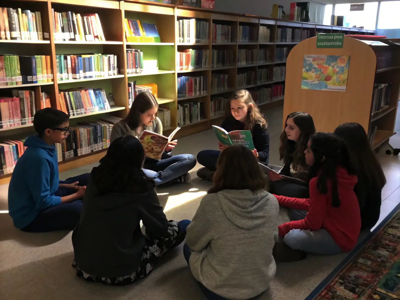 A picture of teenagers participating in a book club discussion at the library, with a facilitator leading the conversation and encouraging critical thinking. The setting is relaxed and informal, promoting open dialogue and intellectual exploration.