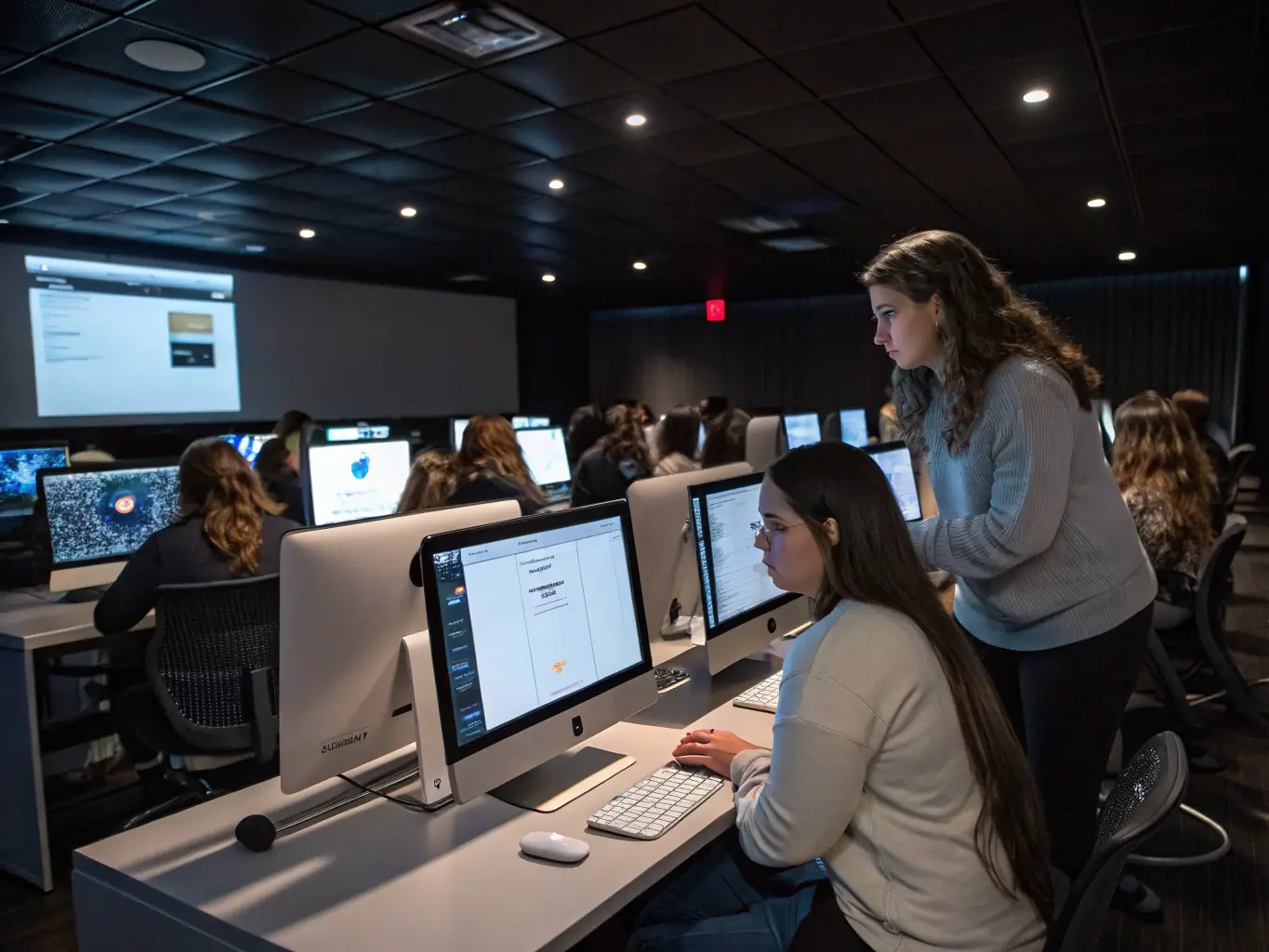 A photograph of adults attending a computer literacy class at the library, focusing on learning basic computer skills. The atmosphere is supportive and encouraging.