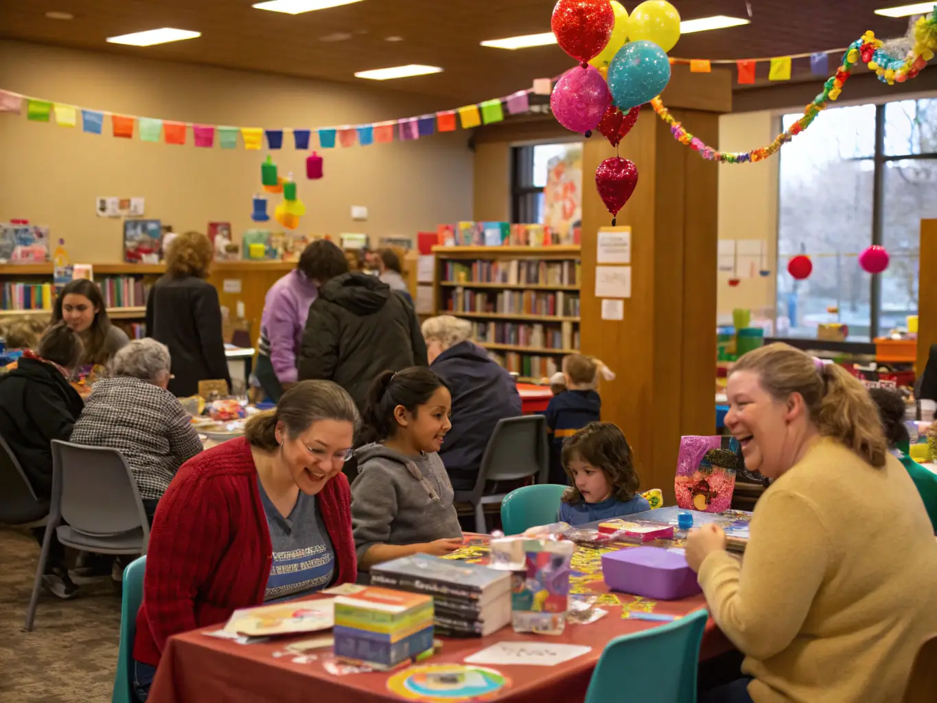 A vibrant image of a community event hosted at the library, featuring diverse participants engaging in cultural activities and celebrating local heritage. The scene is lively and inclusive.