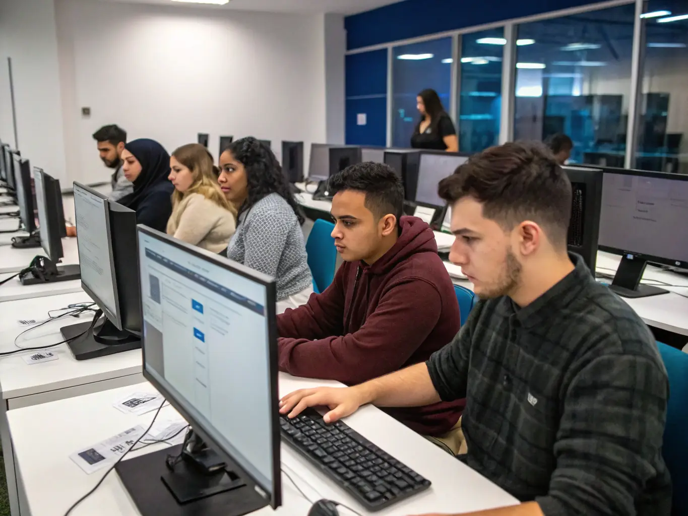 A photograph showcasing adults attending a computer literacy workshop at the library, with an instructor guiding them through the basics of using a computer.