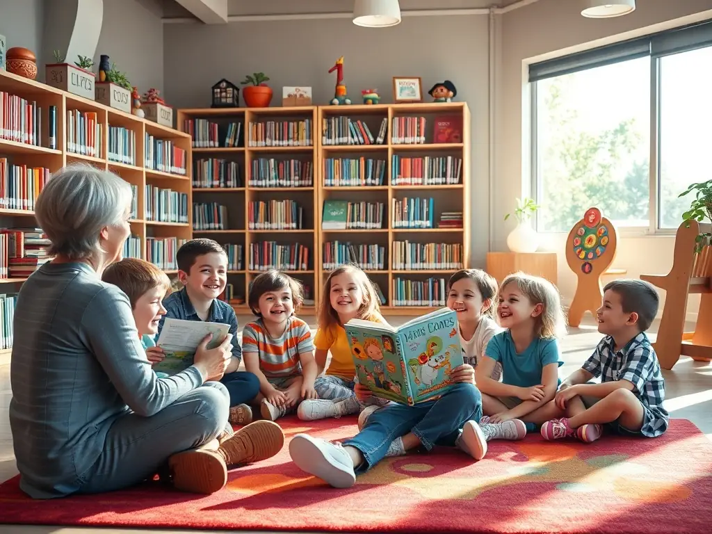 A vibrant image of children participating in a storytelling session at the library, with a librarian reading aloud from a colorful picture book. The scene is filled with laughter and engagement, showcasing the joy of reading.