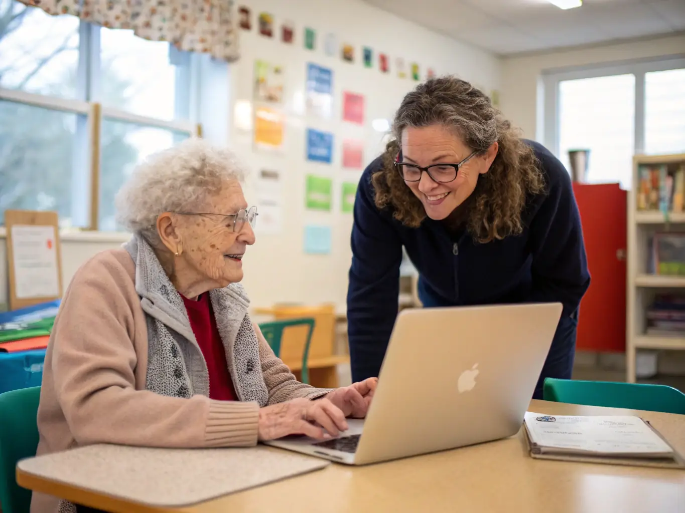 A photograph of adults attending a computer literacy workshop at the library, with an instructor guiding them through the basics of using a computer and accessing online resources. The atmosphere is supportive and encouraging.