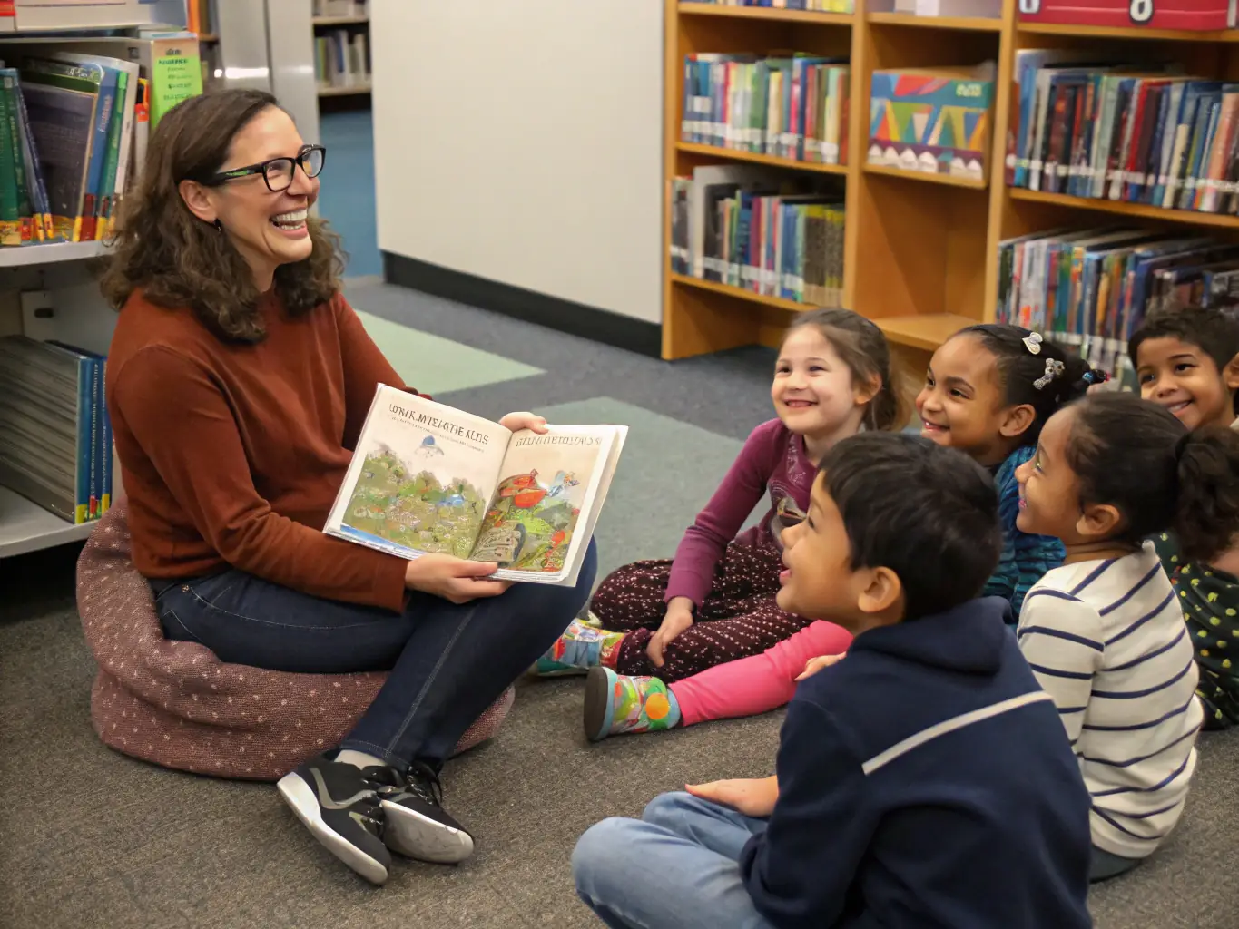 A group of children participating in a storytelling session at the library, with a librarian reading aloud from a colorful picture book. The scene is warm and inviting, showcasing the joy of reading.