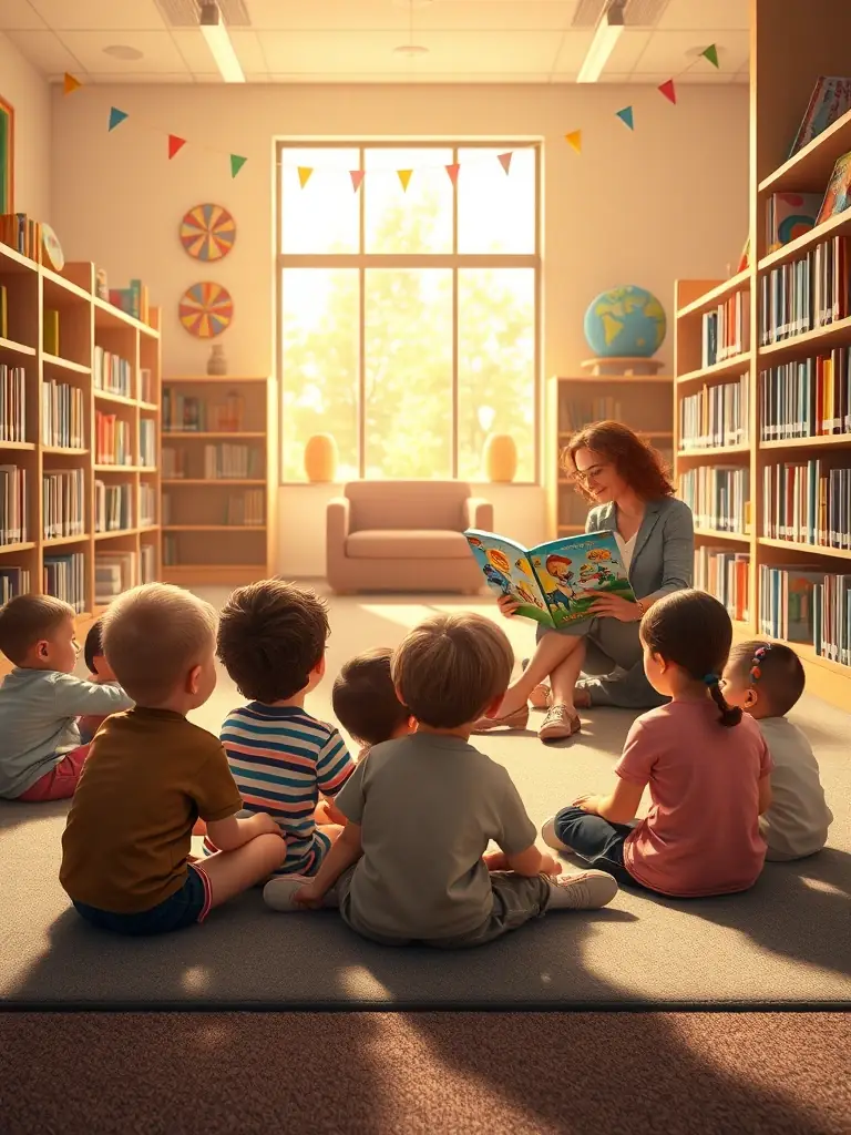 A group of children sitting in a circle, listening attentively to a librarian reading a storybook during a storytelling session at ASS BIBLIOTHEQUE POUR TOUS.