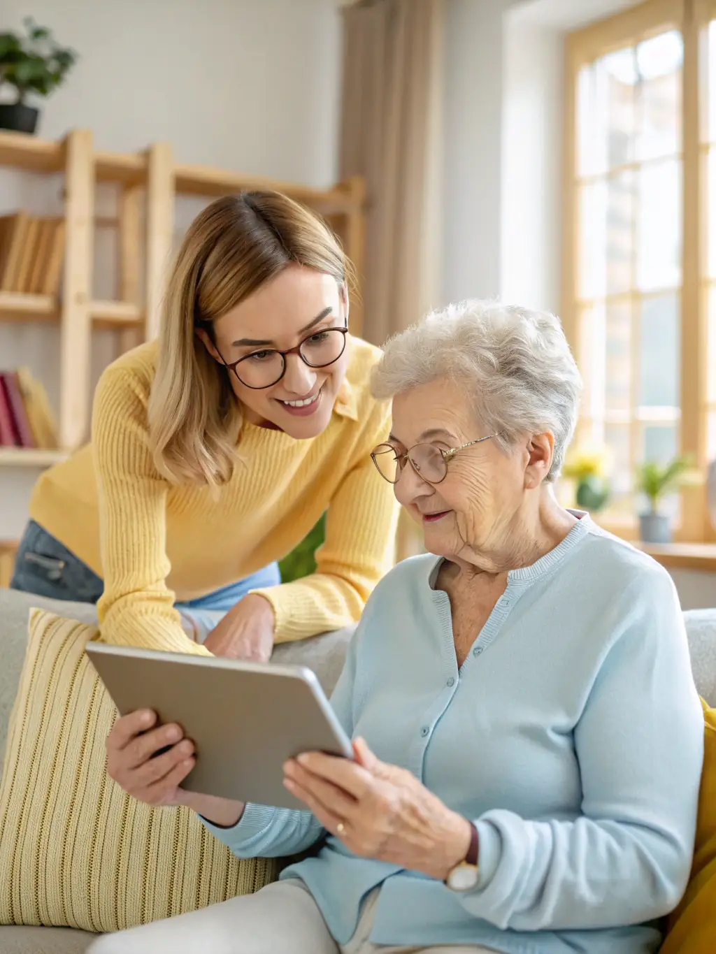 A senior citizen learning how to use a tablet with the help of a volunteer at ASS BIBLIOTHEQUE POUR TOUS, focusing on digital literacy.